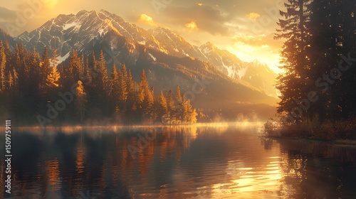 Majestic mountains reflected in a serene lake at sunset.