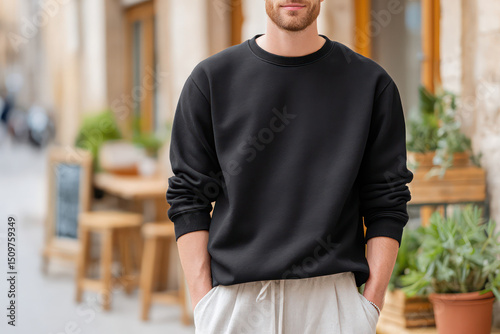 A man in a black sweatshirt stands in front of a potted plant. The scene is set in a city street with a cafe in the background.