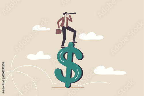 Vision for global financial or economy, business opportunity or investment forecast concept, smart confident businessman standing on US dollar money sign using telescope to see future prediction.