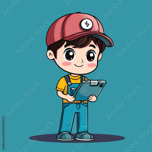 Cheerful Cartoon Boy in Red Cap Holding Tablet