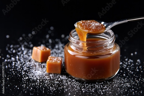 A spoon is scooping a jar of caramel sauce. The jar is sitting on a table with a pile of sugar on it.