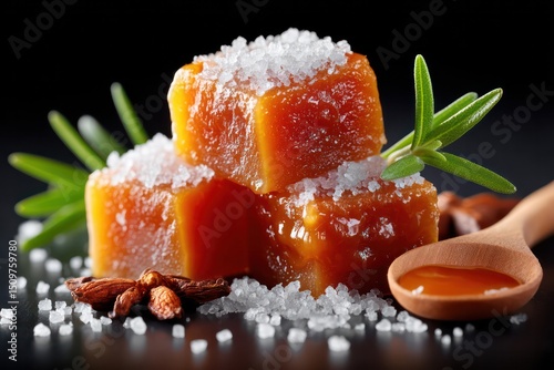 A pile of brown sugar and salt with a few pieces of candy on top. The candy is a type of caramel