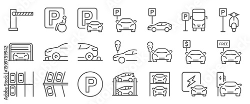 Car parking icon set. It included electric car charging, motorcycle parking, bus parking and more icons. Editable Vector Stroke.

