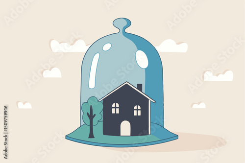 House insurance, home ownership assurance, residence, apartment or real estate protection concept, small house under strong protection from glass cover.