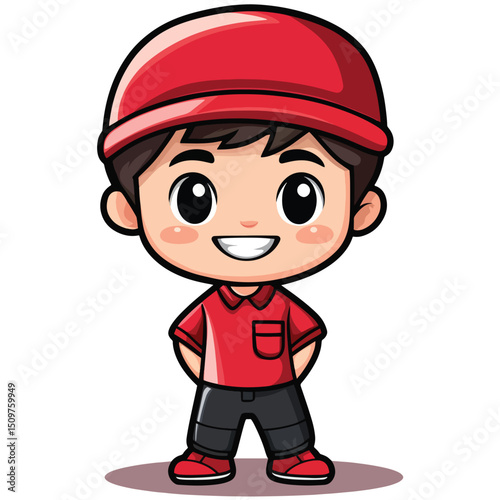 Cheerful Cartoon Boy in Red Uniform