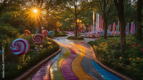 whimsical candyland park where gumdrop paths lead to glowing lollipop trees, and fountains of soda sparkle in the sunlight, Generative AI
