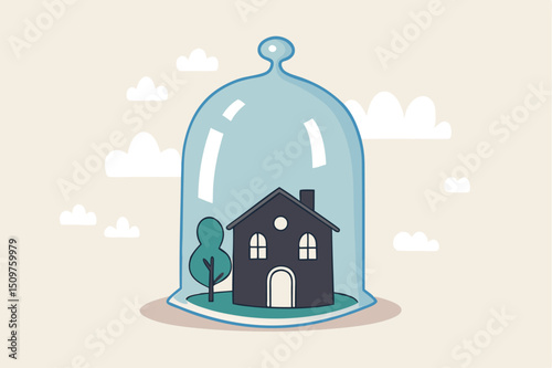 House insurance, home ownership assurance, residence, apartment or real estate protection concept, small house under strong protection from glass cover.