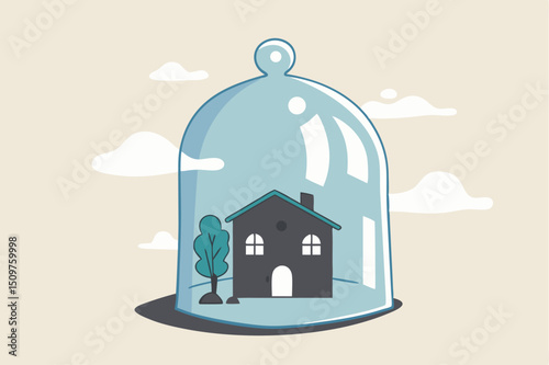 House insurance, home ownership assurance, residence, apartment or real estate protection concept, small house under strong protection from glass cover.