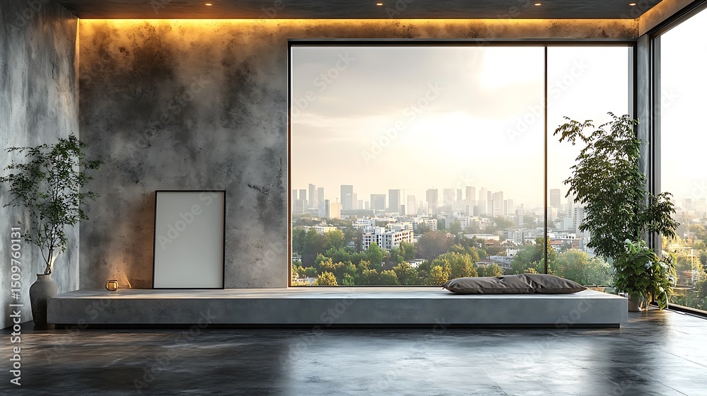 Fototapeta premium Minimalist interior mockup with large window and city views