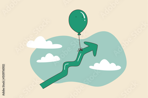 Market rising up, economic growth, high performance profit increase or prosperity concept, balloon tied with rising up green graph flying high in the sky.