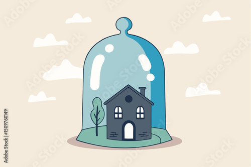 House insurance, home ownership assurance, residence, apartment or real estate protection concept, small house under strong protection from glass cover.