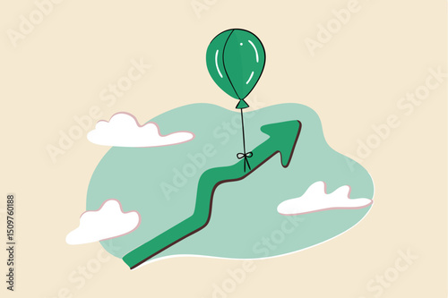 Market rising up, economic growth, high performance profit increase or prosperity concept, balloon tied with rising up green graph flying high in the sky.