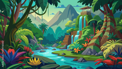 Serene Waterfall in Lush Tropical Paradise. A Vibrant Jungle Landscape