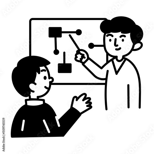 A teacher giving a lecture on board, hand drawn icon 
