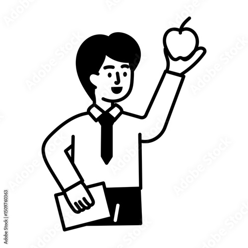 A character holding apple in hand, doodle style icon 
