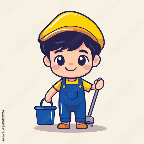 Cheerful Cartoon Boy Janitor with Bucket and Broom