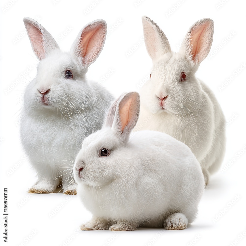 Obraz premium Three adorable white rabbits bunnies pets animals fluffy cute easter bunny isolated studio shot white background