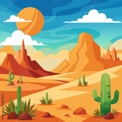 Majestic Desert Landscape. Sun.Drenched Canyons and Cactus Plants
