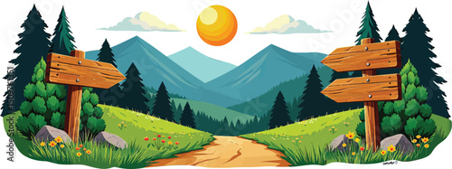 Serene Mountain Path Landscape with Blank Wooden Signposts Perfect for Hiking Trail Branding Designs or Nature Themed Logos