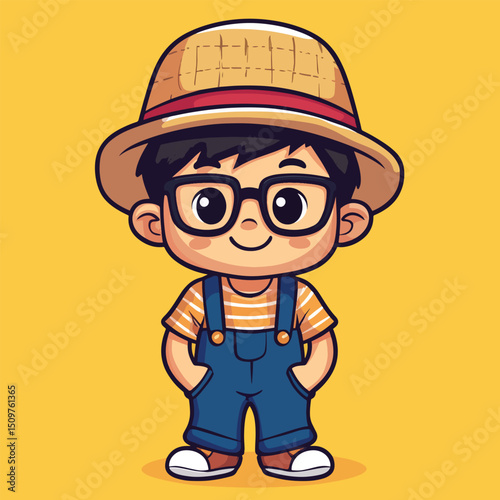 Cheerful Cartoon Boy Wearing Straw Hat Glasses and Overalls Smiling