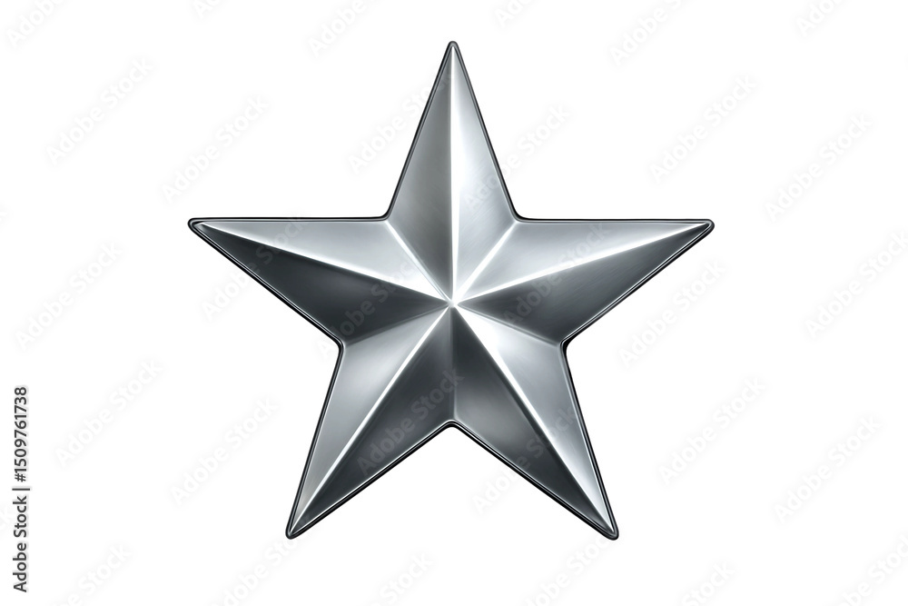 Fototapeta premium A single five pointed silver star with a metallic sheen on a black background space