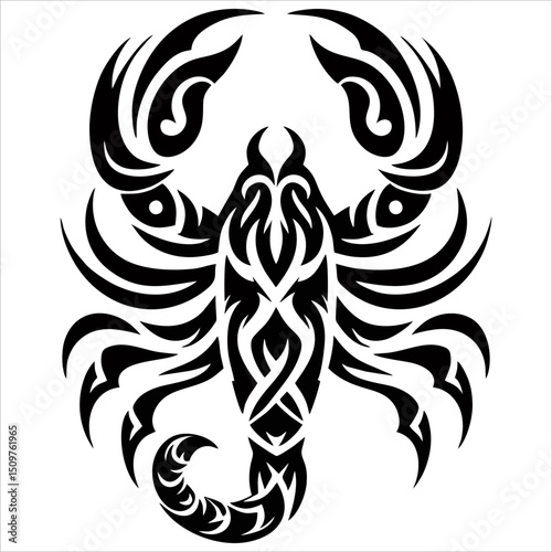 A detailed tattoo design features a scorpion in a black tribal style