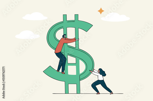 Money ladder to achieve financial independent goal, challenge to reach investment target or wealth planning strategy concept, businessman starting to climb up ladder to the top of money dollar sign.