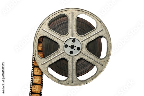 PNG Vintage film reel with exposed filmstrip on black background