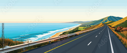 Scenic Coastal Highway Road Trip Design featuring a winding road along a beautiful ocean beach landscape perfect for travel brochures websites and postcards