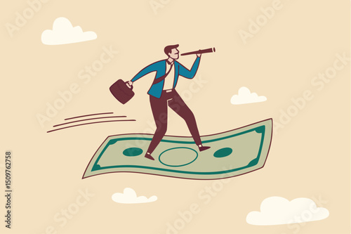 Investment opportunity, visionary to make profit or financial growth concept, smart businessman riding flying banknote money using telescope or spyglass to see future.