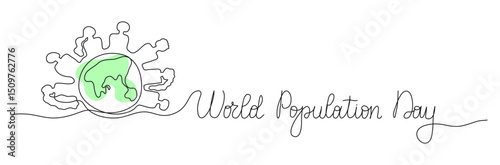 World Population Day one line art background with planet Earth, globe and man woman silhouette. Editable stroke hand drawn lettering. Text banner template. Outline drawing with typography