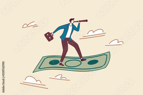 Investment opportunity, visionary to make profit or financial growth concept, smart businessman riding flying banknote money using telescope or spyglass to see future.