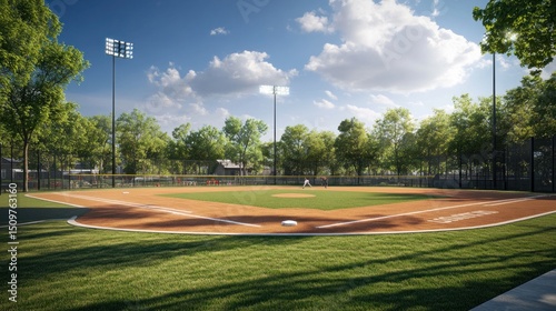 Community baseball field under a bright sky.  Kids playing on a sunny day