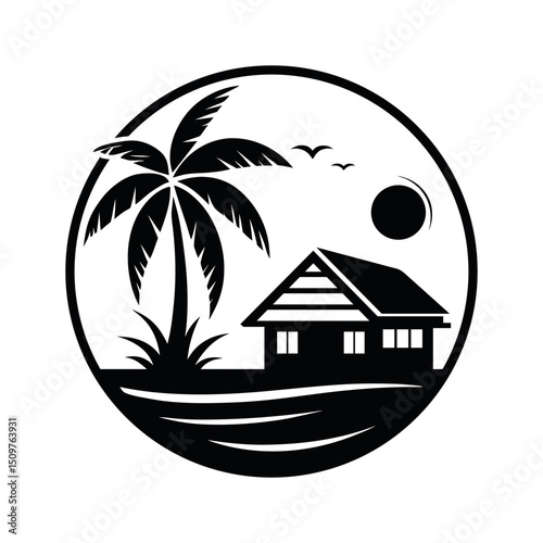 tropical beach house, palm trees, sunset, birds, black and white, minimalist, silhouette, vector graphic, logo design