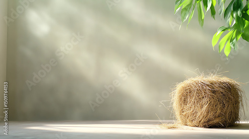 A peaceful scene featuring a bundle of hay beside a vibrant green plant, showcasing natural beauty and tranquility in an indoor space.