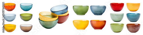 Vibrant, colorful glass bowls in assorted shapes and sizes featuring textured surfaces and playful design, ideal for kitchen decoration and dining enhancement