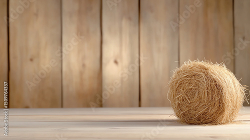 A rustic scene featuring a ball of straw on a wooden table, showcasing natural textures and warm tones.