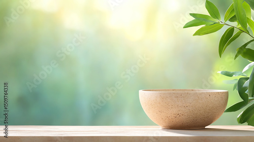 A rustic wooden bowl sits elegantly on a smooth wooden table, surrounded by lush greenery and soft natural light.