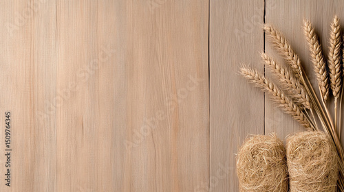 A rustic wooden background with bundles of wheat, perfect for agricultural themes or food-related content.