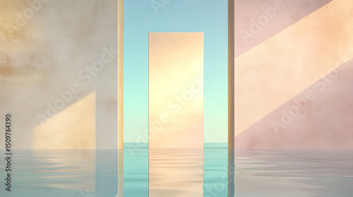 A serene abstract landscape featuring pillars reflecting in calm water, creating a tranquil atmosphere with soft colors.