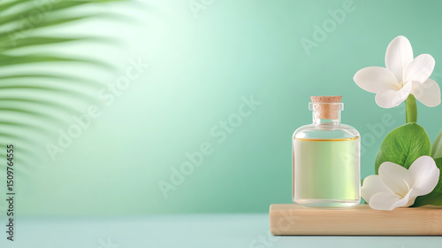 A serene composition featuring a glass bottle, green backdrop, and beautiful flowers, ideal for wellness and relaxation themes.
