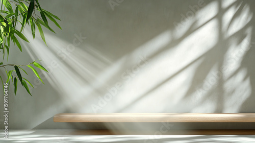 A serene interior scene featuring soft light and shadows, highlighting a minimalist design with natural elements.