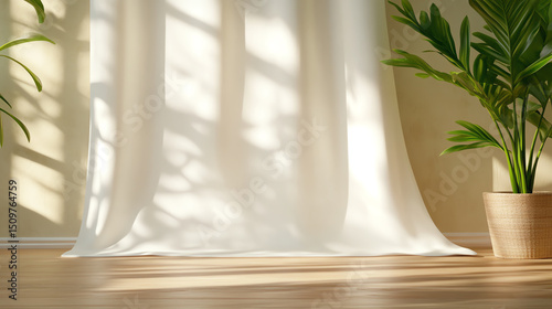 A serene indoor space with soft curtains and a vibrant plant, capturing the essence of tranquility and natural beauty.