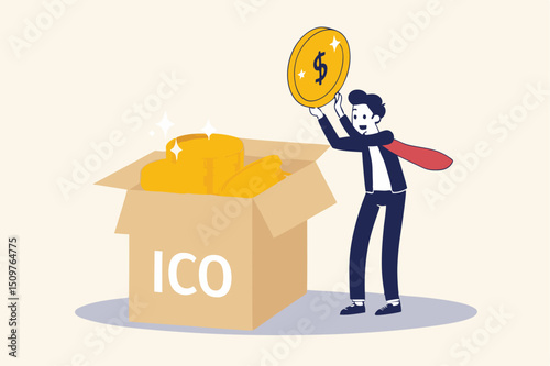 ICO, Initial Coin Offering process to create new crypto currency token to trade in market concept, businessman investor or coin creator picking new cryptocurrency coin and look into details.