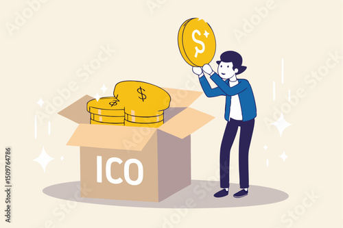 ICO, Initial Coin Offering process to create new crypto currency token to trade in market concept, businessman investor or coin creator picking new cryptocurrency coin and look into details.