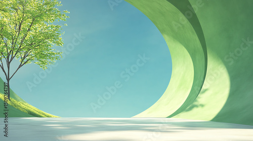 A serene landscape featuring gentle curves and a lone tree under a vibrant blue sky, embodying tranquility and nature's beauty.