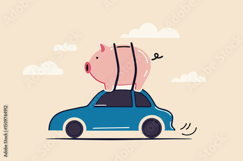 Saving money to buy new car, expense or budget for car maintenance service, debt or car loan concept, big cute pink piggybank money box on the roof of riding car.