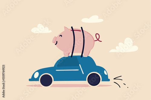 Saving money to buy new car, expense or budget for car maintenance service, debt or car loan concept, big cute pink piggybank money box on the roof of riding car.