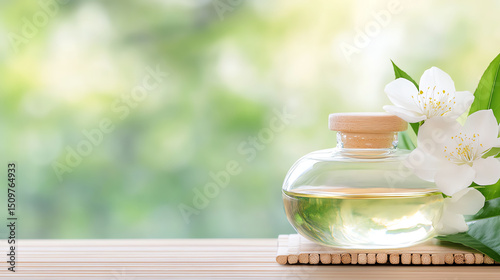A serene scene featuring a glass bottle of essential oil beside delicate white flowers against a soothing green background.