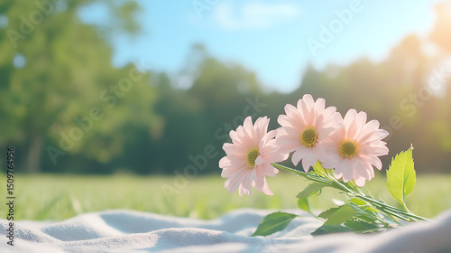 A serene scene featuring delicate pink daisies lying on a soft blanket in a sunny grassy field, evoking tranquility and beauty.